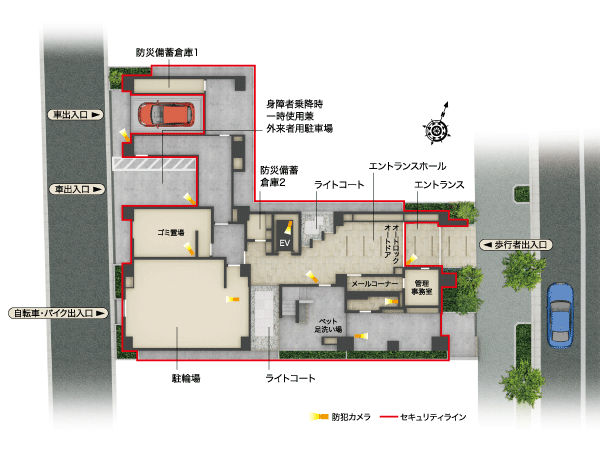 Shared facilities.  [Site layout] Is the entire plan that skillfully taking advantage of the site conditions that the East and West interview road. Main entrance, Installed in Otowa street side close to "Edogawabashi" station. Parking Lot ・ Bicycle-parking space ・ Doorway of the bike yard is, Also with the West, which can also be used in the right at the left turn, It has extended the convenience and safety as a complete step car separation. further, By arranging the dwelling unit to the west and east sides of the elevator hall, Feel the spread to the living space, Privacy also has realized growing floor plan of the entire mansion angle dwelling unit.