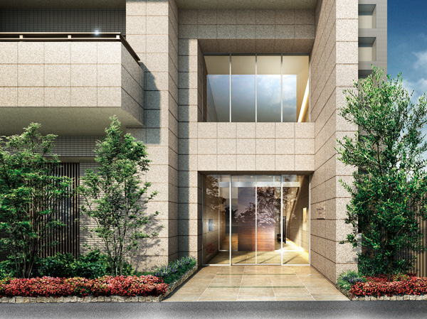 Buildings and facilities. Entrance is by the frame of the two-layer, Design reminiscent of a magnificent gate. Portray the heavy line with a burner finish of white granite with natural texture in harmony with meek exterior wall tile, By presence full of design that combines a large glass full of a feeling of opening in there, We emphasize the prestige of the building. (Entrance Rendering of a two-layer Fukinuki)