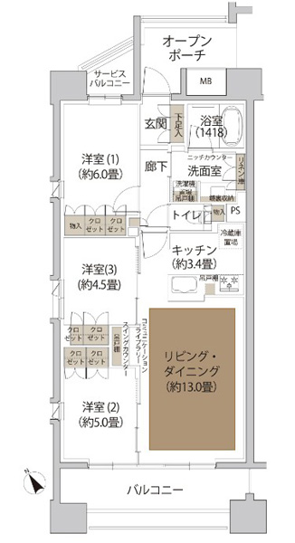 A type floor plan: 3LDK + CL (communication library) Occupied area / 72.00 sq m  Balcony area / 12.30 sq m  Service balcony area / 2.49 sq m