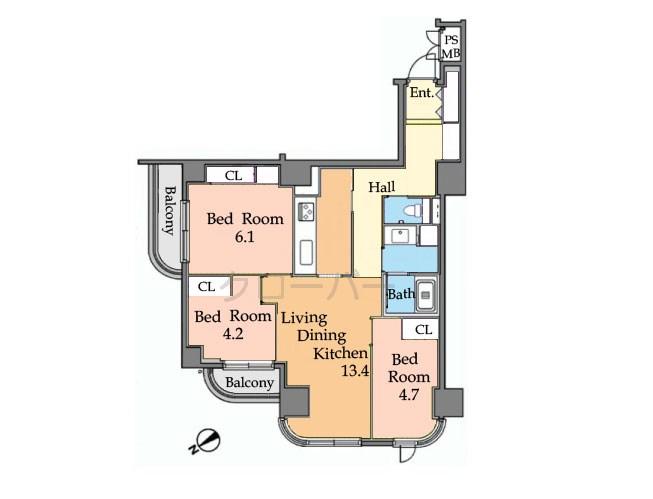 Floor plan. 3LDK, Price 42,800,000 yen, Occupied area 70.09 sq m , Balcony area 6.07 sq m