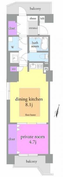 Floor plan. 1DK, Price 23.8 million yen, Occupied area 47.04 sq m , Balcony area 3.06 sq m