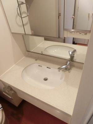 Washroom. With three-sided mirror large washbasin