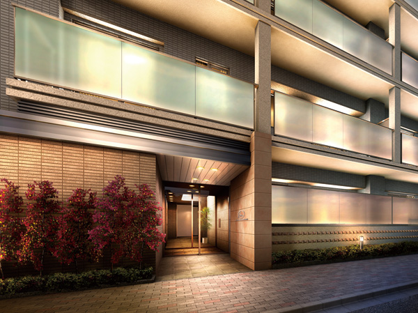 Buildings and facilities. Entrance, which is composed of some of the look of earth color material. In the modern atmosphere, Also it exudes warmth to welcome gently residents and visitors. (Entrance Rendering)