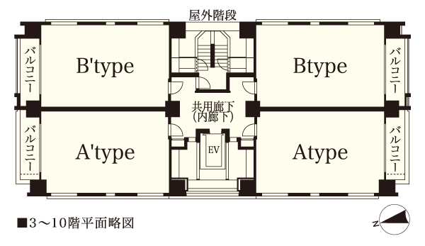Shared facilities.  [All mansion angle dwelling unit ・ Two-sided opening. An inner corridor design] 1 floor 4 House floor the design of. We design all of the dwelling unit as a corner dwelling units of two-sided opening. There is no middle-dwelling unit, To achieve a high privacy of residence.  ※ 14 floor 1 floor 2 House. Also, Shared corridor, It has adopted the corridor within which paved the tile carpet at the feet. Privacy property and crime prevention, Amenity, Enhance the tranquility of, It will produce a gentle private time.