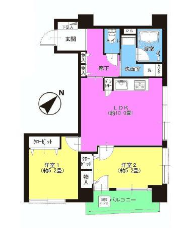 Floor plan. 2LDK, Price 26,900,000 yen, Occupied area 49.97 sq m , Balcony area 3.46 sq m