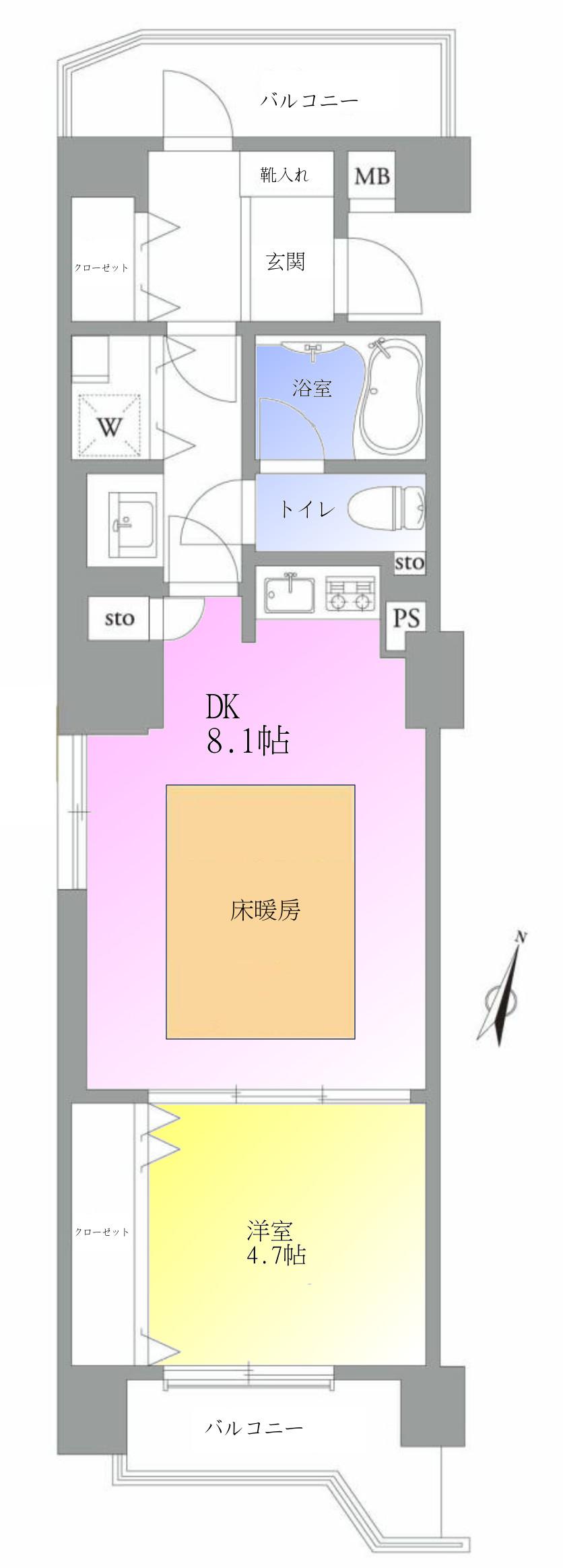 Floor plan. 1DK, Price 23.8 million yen, Occupied area 47.04 sq m , Balcony area 3.28 sq m
