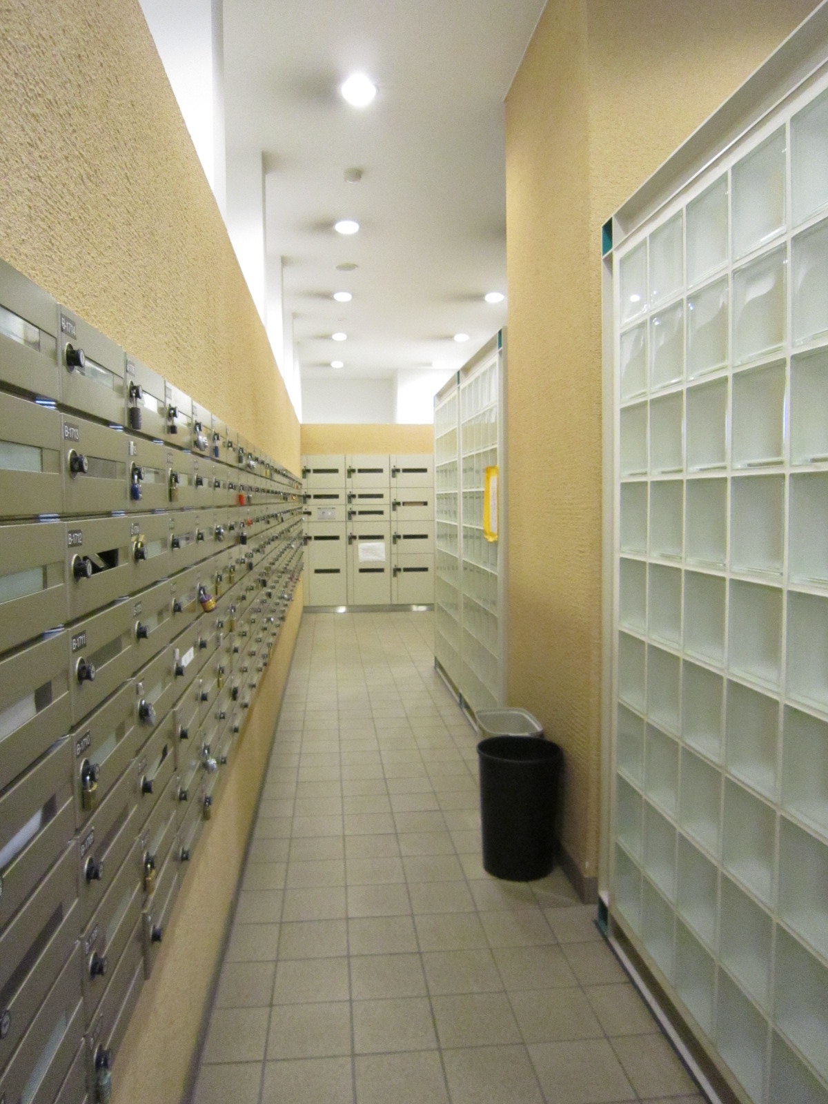 lobby. Mail center with a delivery box