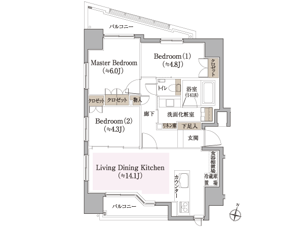 Room and equipment. Including the LDK, 3 face lighting 2 balcony of the corner dwelling unit that put takes a light to all of the living room. The next room of living in the sliding door (sliding walls), You can use spacious as an integral space. (B type / 3LDK ・ 67.2 sq m )