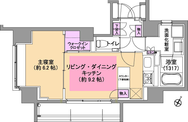 Floor plan. 1LDK, Price 56,500,000 yen, Occupied area 40.65 sq m , Balcony area 5.6 sq m balcony is southeast orientation.