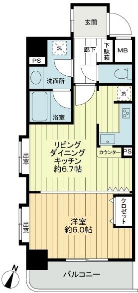 Floor plan. 1LDK, Price 27.5 million yen, Occupied area 36.67 sq m , Balcony area 4.86 sq m
