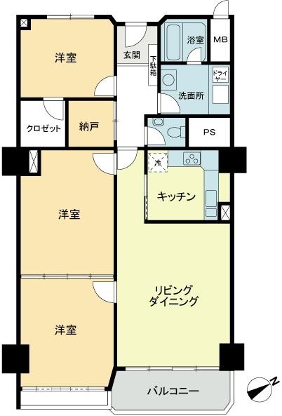 Floor plan. 3LDK, Price 83 million yen, Footprint 105.58 sq m , Balcony area 9.27 sq m