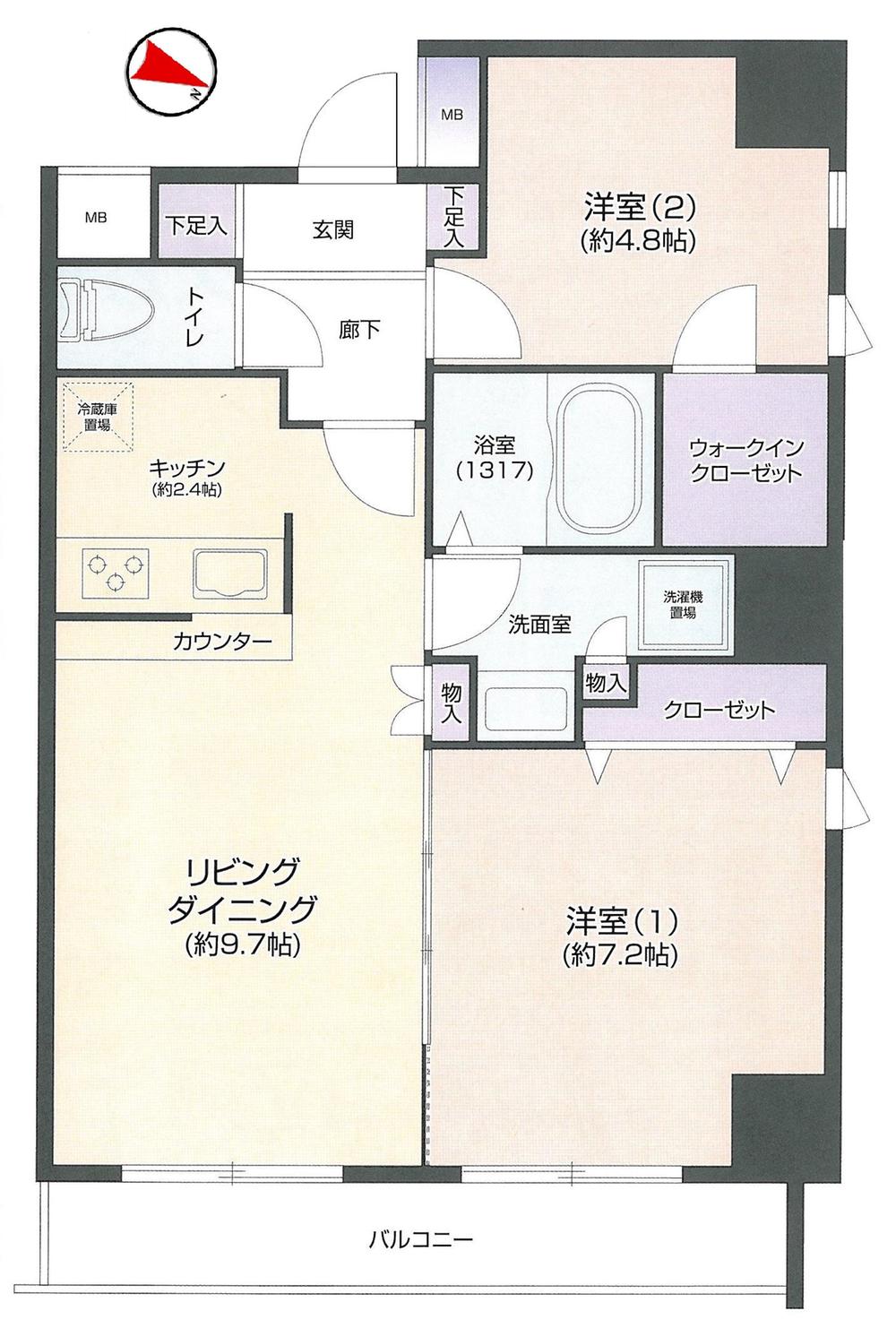 Floor plan. 2LDK, Price 47,800,000 yen, Footprint 55.4 sq m , Balcony area 6.08 sq m Floor