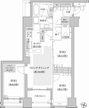  ■ C type ・ 3LDK + MC + N footprint / 70.06 sq m  Balcony area / 5.90 sq m  ※ MC = multi closet N = storeroom