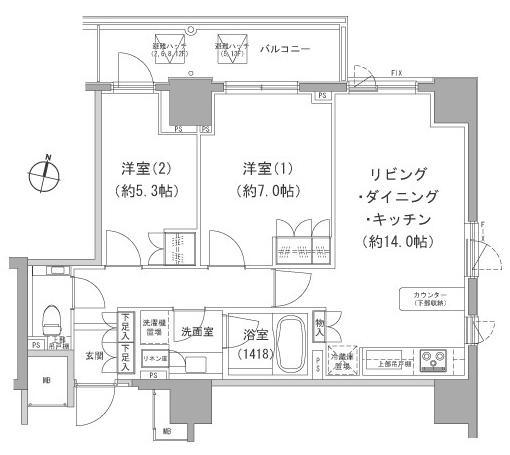 Floor plan. 2LDK, Price 69,800,000 yen, Occupied area 60.71 sq m , Balcony area 7 sq m