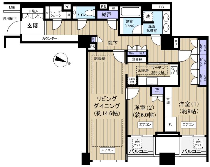 Floor plan. 2LDK, Price 145 million yen, Footprint 100.05 sq m , Balcony area 13.59 sq m