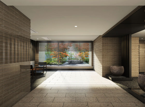 Shared facilities.  [Entrance hall] In the entrance hall, Space hauntingly formal flavor has been nestled. What made the neat impression, Horizontal by wood and metal louvers ・ Vertical line. By the contrast of warmth and the metal of the hard image of calm trees, It has brought a dignified silence on the whole space. (Rendering)