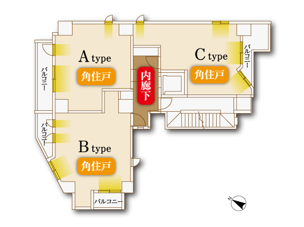Shared facilities.  [2 face lighting of all households is independence-oriented ・ Corner dwelling unit] Consider the quality of life, Each floor has adopted an inner corridor hotel like.  ※ Plan view