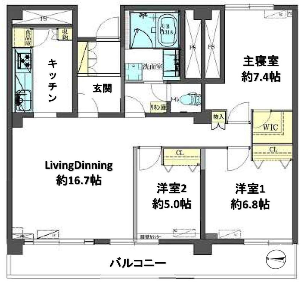 Floor plan. 3LDK, Price 69,990,000 yen, Occupied area 88.25 sq m , Balcony area 15.75 sq m