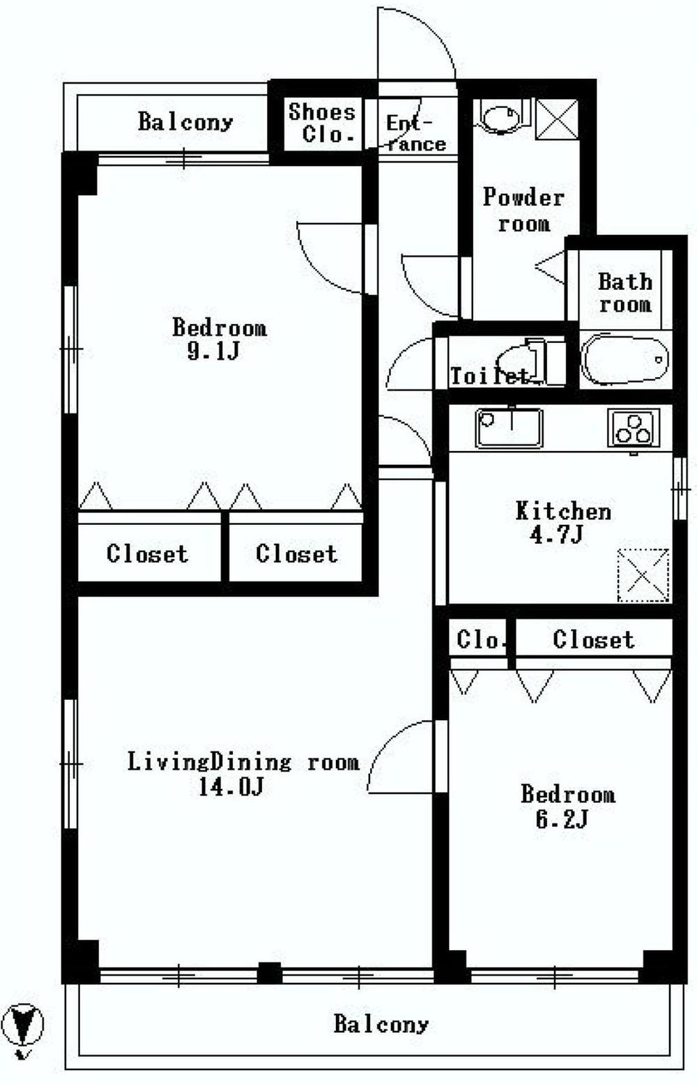 Floor plan. 2LDK, Price 57,800,000 yen, Occupied area 82.42 sq m , Balcony area 11.75 sq m