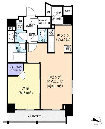 Floor plan. 1LDK, Price 33,800,000 yen, Occupied area 51.57 sq m , Balcony area 5.39 sq m