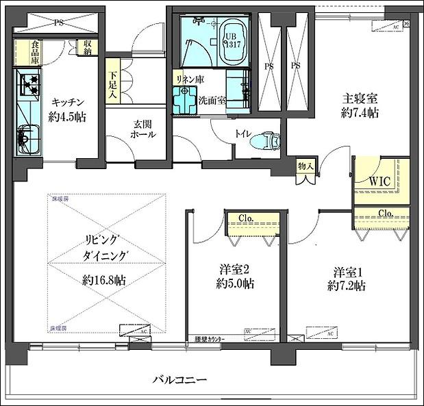 Floor plan. 3LDK, Price 69,990,000 yen, Occupied area 88.25 sq m , Floor plan of the wide span of the balcony area 15.75 sq m about 10m