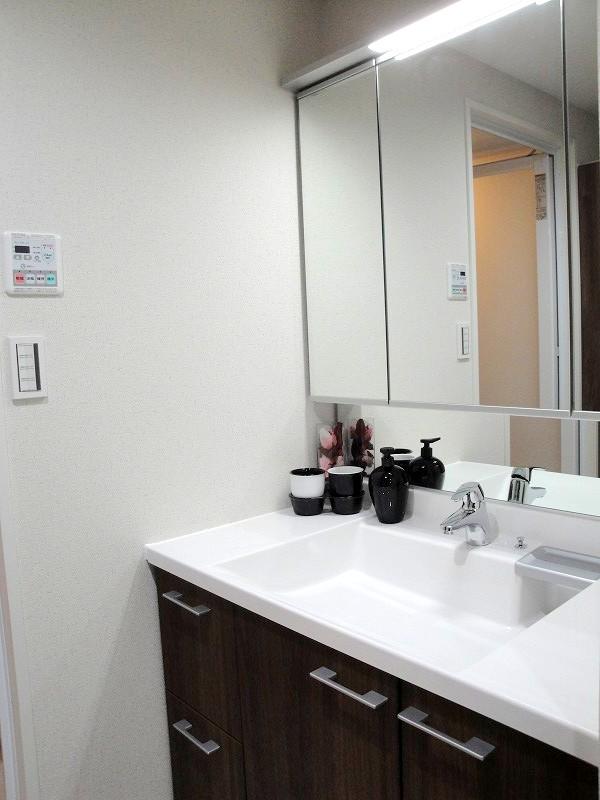 Wash basin, toilet. Vanity triple mirror