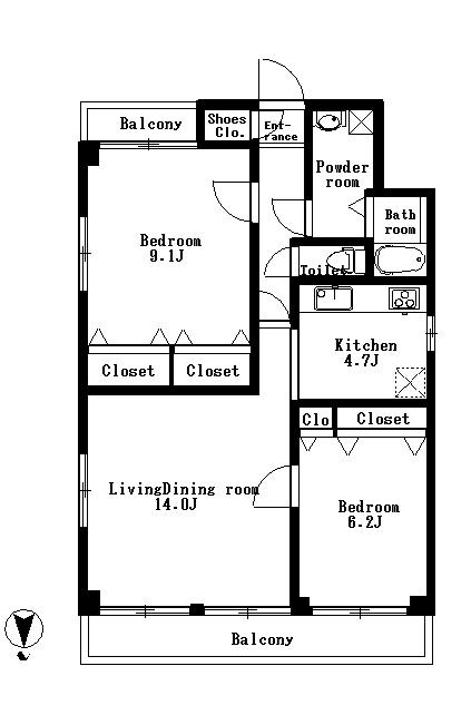 Floor plan. 2LDK, Price 57,800,000 yen, Occupied area 82.42 sq m , Balcony area 11.75 sq m north-facing, but it is bright because the opening is wide