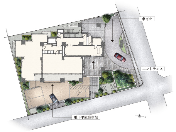 Buildings and facilities. Equipped with a driveway to the entrance, Site design divided the doorway of the people and the car two-way contact road. (Site layout shown in the illustration)