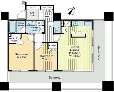 Floor plan. 2LDK, Price 62,800,000 yen, Occupied area 63.29 sq m , Balcony area 35.4 sq m