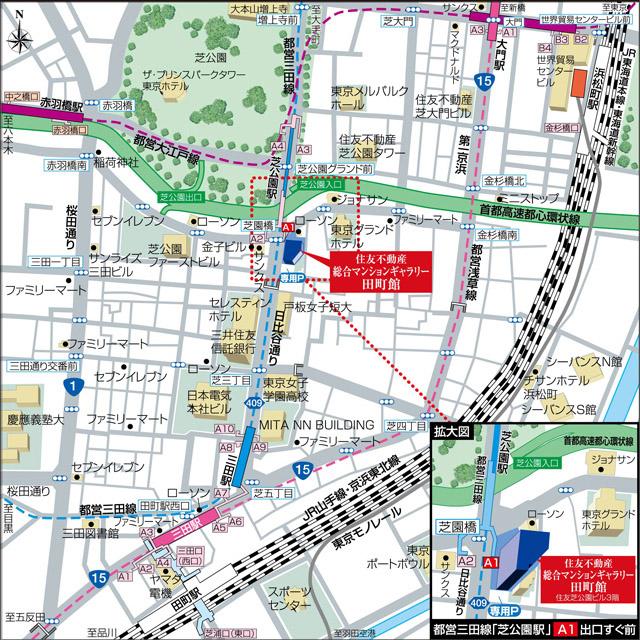 Local guide map. Comprehensive Mansion Gallery Tamachi Museum. Address: Shiba, Minato-ku, Tokyo 2-7-17 Sumitomo Shiba Park Building third floor.  ※ So we offer the parking lot, Can also be coming by car (model room guide map)