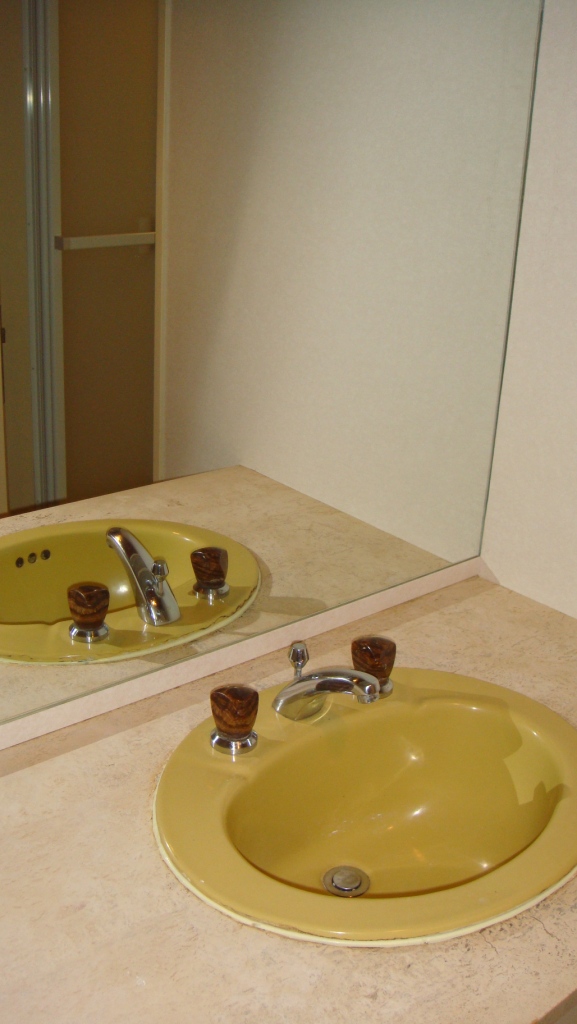Washroom. Wash basin with a large mirror.