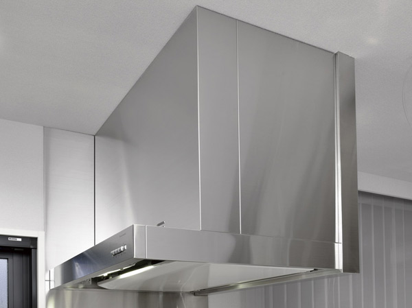 Kitchen.  [Range food] Increase the suction force by the rectifying plate effect, Caring for easy stainless range hood. It stuck to the aesthetic and stylish design.