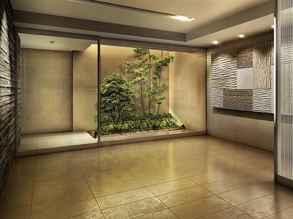 Features of the building.  [Entrance hall] Entrance Hall of the approach to the house is, Designed as a space to entertain the residents. We tailor the unity of the entrance as a space cherish calm atmosphere. Accent wall of Ya Japanese cedar and cypress, which was laid on the wall (cypress), The basis garden was decorated in green makes you feel the flow of the time calm. (Entrance Hall Rendering)