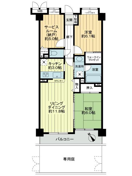 Floor plan. 2LDK + S (storeroom), Price 29,800,000 yen, Occupied area 68.95 sq m , Balcony area 7.8 sq m