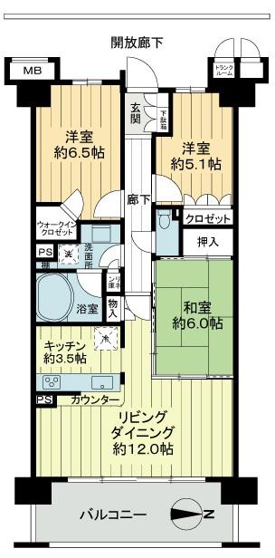 Floor plan. 3LDK, Price 38,800,000 yen, Occupied area 73.83 sq m , Balcony area 12.4 sq m
