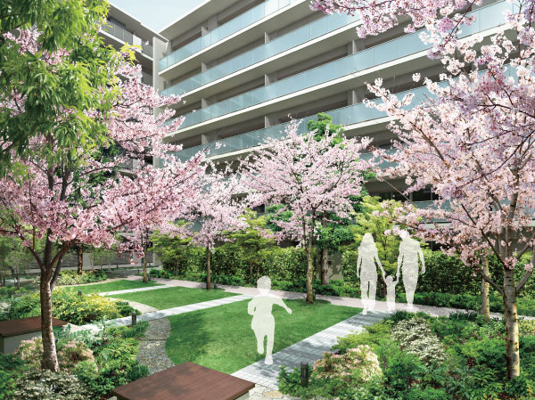 Shared facilities.  [Spring Garden] Uruwashiku gorgeously blooming cherry flowers, Let uplifting of exciting spring. (Rendering)