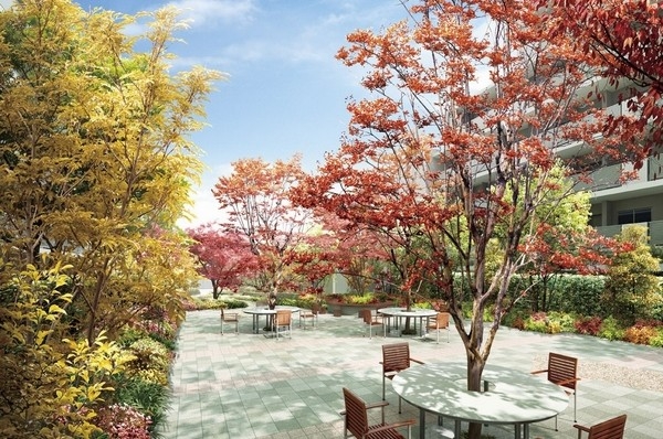 Arranged benches and tables, "Autumn Garden" perfect for the community space (Rendering ※ )