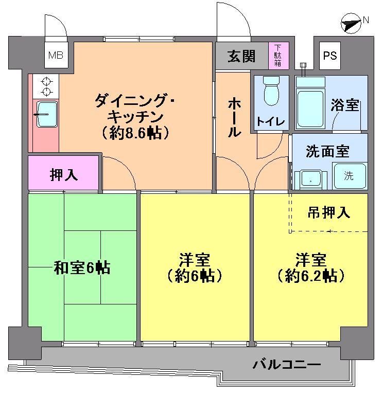 Floor plan. 3DK, Price 21,800,000 yen, Occupied area 59.04 sq m , Balcony area 6.2 sq m