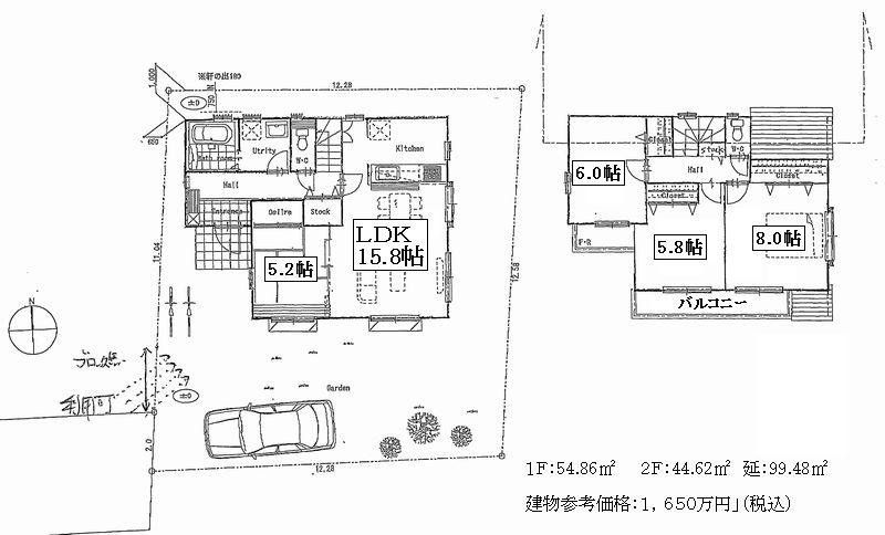 Compartment view + building plan example. Building plan example, Land price 17.3 million yen, Land area 157 sq m , Building price 16.5 million yen, Building area 99.48 sq m wooden 2-story 99.48 sq m  4LDK Building price 1 6.5 million yen including tax