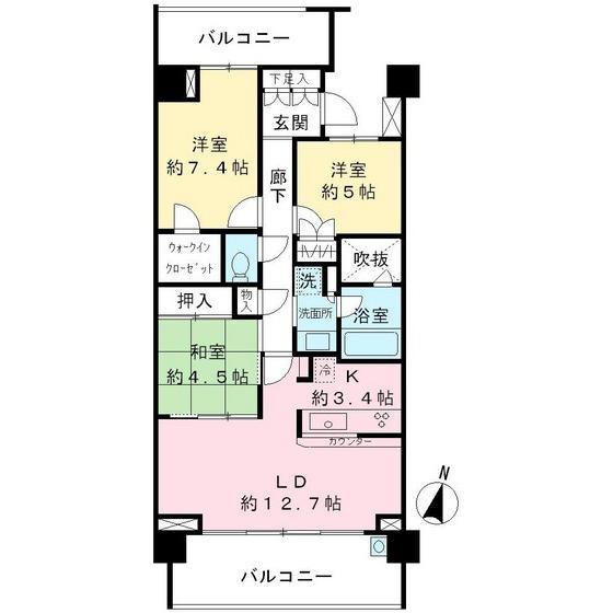 Floor plan. 3LDK, Price 44,800,000 yen, Occupied area 76.22 sq m , Balcony area 19.97 sq m