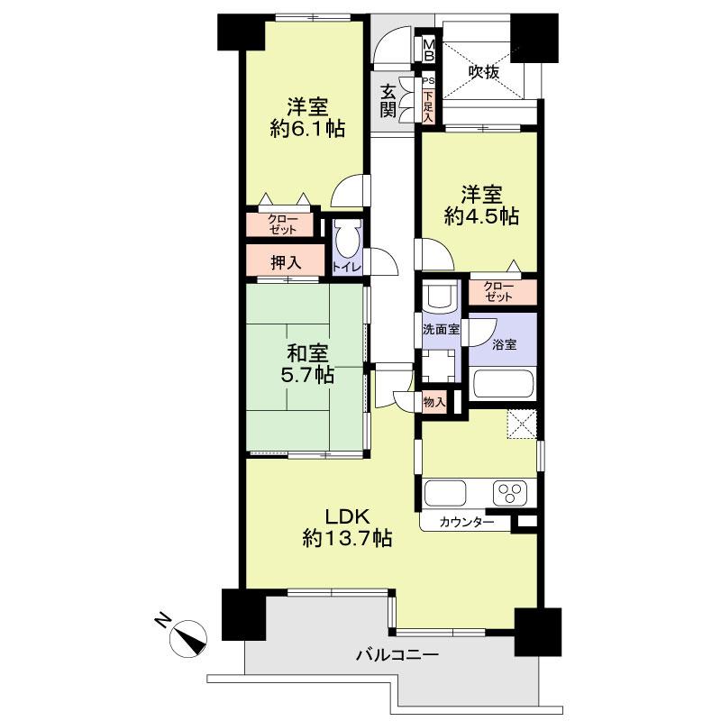 Floor plan. 3LDK, Price 26,900,000 yen, Occupied area 65.51 sq m , Balcony area 13 sq m