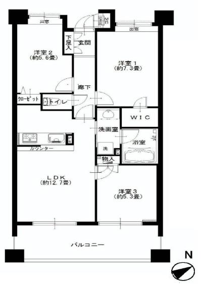 Floor plan. 3LDK, Price 34,900,000 yen, Occupied area 64.91 sq m , Balcony area 12.2 sq m