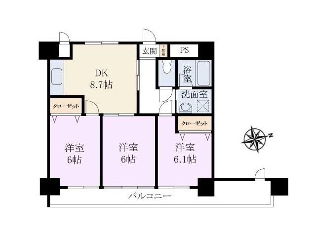 Floor plan. 3DK, Price 26,900,000 yen, Occupied area 59.04 sq m , Balcony area 11.89 sq m Orient Mansion Floor