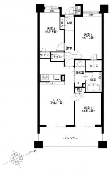 Floor plan. 3LDK, Price 34,900,000 yen, Occupied area 64.91 sq m , Balcony area 12.2 sq m