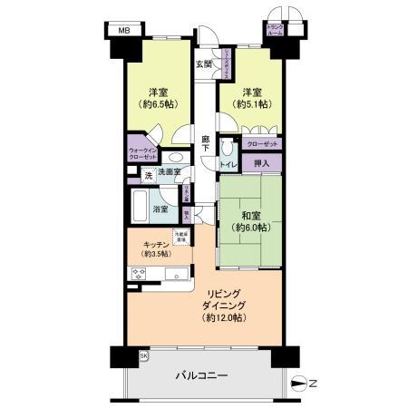 Floor plan. 3LDK, Price 39,800,000 yen, Occupied area 73.83 sq m , Balcony area 12.4 sq m