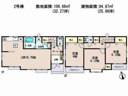 Floor plan. (Building 2), Price 47,300,000 yen, 3LDK, Land area 106.68 sq m , Building area 84.87 sq m