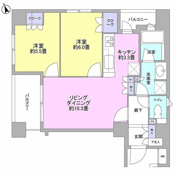 Floor plan. 2LDK, Price 33,500,000 yen, Occupied area 59.06 sq m , Balcony area 8.81 sq m