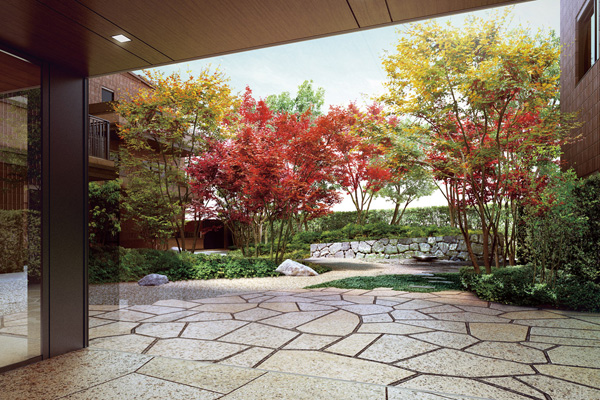 Shared facilities.  [Spring Garden "Suibachi of garden" (seasonally garden)] Jing stone and natural stone, Motif well-equipped planting, Garden aesthetics and rich representation was Japan's four seasons. Glimpse the entrance over, Full of healing, Friendly space in the eye. (Rendering CG)