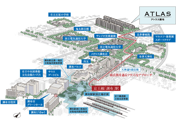 Surrounding environment. "Chofu" commercial facilities enhancement is around the station. The north exit of particular "Atlas Chofu", "Chofu Parco", Including "Seiyu Chofu store" of the 24-hour, There is also a "Tenjin shopping street", It is also useful in shopping after work. (Rich conceptual diagram)