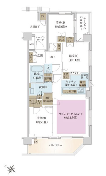 Building structure. F type (Select Plan 2) Floor Plan: 3LDK + WIC + N + TR footprint / 74.46 sq m  Balcony area / 11.88 sq m  Service balcony area / 4.76 sq m